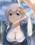  1girl ahoge belt blue_eyes breasts cleavage collarbone downblouse long_hair medium_breasts mirror original reflection solo somechime_(sometime1209) twitter_username upper_body white_hair 