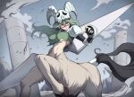  1girl absurdres armor arrancar black_gloves bleach breasts brown_eyes centaur closed_mouth commentary crop_top elbow_gloves elbow_pads facial_mark fake_horns fingerless_gloves floating_hair frown gauntlets gloves green_hair green_shirt groin hair_between_eyes highres holding holding_polearm holding_weapon hooves horned_headwear horns horse_tail lance large_breasts long_hair looking_at_viewer monster_girl multiple_legs navel nelliel_tu_odelschwanck pillar polearm resurreccion shirt shoulder_armor sidelocks skull skull_on_head solo standing standing_on_three_legs stomach tail taur torn_clothes torn_shirt underboob weapon yogert_chip 