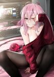  1girl absurdres bed breasts brown_eyes collarbone computer flower highres keyboard_(computer) large_breasts monitor nijisanji nijisanji_en no_bra off_shoulder one_eye_closed pantyhose pink_hair rain_prophet rose rosemi_lovelock sitting solo sweat sweater virtual_youtuber 