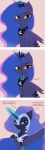  1_horn absurd_res black_neckwear black_tiara blue_eyeshadow blue_hair closed_smile crescent_moon_(marking) crown cutie_mark dialogue digital_drawing_(artwork) digital_media_(artwork) english_text equid equine eyeshadow feathered_wings feathers female female_feral feral flat_colors friendship_is_magic glowing glowing_horn gradient_hair hair hasbro headgear hi_res highlights_(coloring) horn magic makeup mammal markings monotone_background moon_(marking) mouth_closed my_little_pony mythological_creature mythological_equine mythology nightmare_moon_(mlp) nnalyart pink_background pink_highlights princess_luna_(mlp) purple_body purple_hair purple_horn purple_wings quadruped sequence simple_background smile solo sparkles sparkling_hair spiral_horn teal_eyes text tiara unzipped winged_unicorn wings zipper 