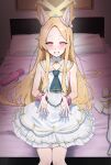  1girl animal_ear_fluff animal_ears bare_arms bare_legs bare_shoulders barefoot blonde_hair blue_archive blue_necktie blush commentary cuffs dress flat_chest flower forehead fox_ears fox_girl grin hair_flower hair_ornament halo handcuffs haniwa_(statue) highres indoors jjigong_chigon layered_dress necktie on_bed paid_reward_available pink_hair seia_(blue_archive) sex_toy sitting sleeveless sleeveless_dress smile solo vibrator white_dress white_flower yellow_halo 
