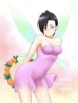  1girl bare_shoulders black_hair blue_eyes blush breasts cowboy_shot dress fairy flower flower_wreath gundam gundam_wing highres holding itou_katsumi looking_at_viewer lucrezia_noin medium_breasts pink_dress short_hair solo white_background wings 