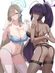  2girls absurdres aqua_nails ass asuna_(blue_archive) black_bra black_garter_belt black_nails black_panties black_thighhighs blue_archive blue_bra blue_eyes blue_halo blue_panties blue_ribbon blush bra breasts cleavage closed_mouth commentary_request fishnet_thighhighs fishnets garter_belt grey_hair hair_ornament hair_over_one_eye hair_ribbon halo hand_up highres kakumayu karin_(blue_archive) large_breasts lingerie mole mole_on_breast multiple_girls nail_polish navel one_eye_covered panties ponytail purple_hair purple_halo ribbon simple_background smile stomach thighhighs thighs underwear white_background white_thighhighs yellow_eyes 
