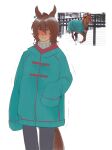  11gowon 1girl agnes_tachyon_(racehorse) agnes_tachyon_(umamusume) ahoge animal_ear_piercing animal_ears aqua_coat black_pantyhose brown_hair chemical_structure coat cold commentary earrings ears_back fluffy_hair freckles frostbite grey_sweater hair_between_eyes highres horse_ears horse_girl horse_tail jewelry medium_hair narrowed_eyes no_pupils pantyhose photo-referenced photo_inset red_eyes shaded_face simple_background single_earring sleeves_past_fingers sleeves_past_wrists sweater tail trembling turtleneck turtleneck_sweater umamusume untranslatable_commentary wavy_mouth white_background winter winter_clothes winter_coat 
