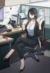  1girl azaltr2 bag belt black_belt black_hair black_jacket blue_eyes breasts calendar_(object) capri_pants chair commentary computer_keyboard computer_mouse crossed_legs cubicle cup desk disposable_coffee_cup disposable_cup english_commentary handbag high_heels highres holding holding_paper holding_pen id_card jacket lanyard medium_breasts monitor office_chair office_lady open_clothes open_jacket open_mouth original pants paper paper_stack pen phone shirt short_hair sitting solo stapler swivel_chair trash_can white_shirt whiteboard 