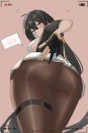  1girl absurdres ahoge ass ass_focus black_gloves black_hair blush breasts brown_pantyhose chinese_commentary closed_mouth commentary_request cowboy_shot embarrassed female_rover_(wuthering_waves) from_below gloves hair_ornament highres huge_ass jewelry kirin_(kirin26497823) legs_together long_hair looking_at_viewer looking_down low_ponytail miniskirt orange_eyes panties panties_under_pantyhose pantyhose partially_fingerless_gloves pink_background plump ponytail recording rover_(wuthering_waves) shiny_skin sideboob simple_background skirt solo spoken_blush standing thighlet underwear upskirt white_panties white_skirt wide_hips wuthering_waves 