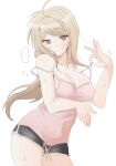  ... 1girl ahoge akamatsu_kaede arm_under_breasts bare_shoulders black_shorts blonde_hair blush breasts brown_eyes cleavage cowboy_shot danganronpa_(series) danganronpa_v3:_killing_harmony hair_ornament hand_up highres ikemen'na_ore-shi large_breasts long_hair musical_note musical_note_hair_ornament pink_shirt shiny_skin shirt shorts simple_background solo sweat white_background 