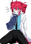  2girls ahoge black_eyes black_necktie black_pants blue_shirt coat collared_shirt commentary drill_hair dual_persona female_pov hand_up highres igaku_(utau) kasane_teto lab_coat lapels multiple_girls necktie notched_lapels open_mouth pants pealerprpr pink_hair pov pov_hands shirt sidelocks simple_background smile twin_drills ultra_trailer_(synthesizer_v) untranslatable_commentary utau white_background white_coat 