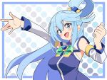  1girl :d absurdres aqua_(konosuba) beads blue_eyes blue_hair blue_shirt blue_skirt blush_stickers bow breasts brooch commentary_request cowboy_shot detached_sleeves floating_hair gem green_bow hair_between_eyes hair_ornament hair_rings hand_up highres jewelry kono_subarashii_sekai_ni_shukufuku_wo! long_hair looking_at_viewer medium_breasts noyama_takenoko open_mouth outline polka_dot polka_dot_background shirt sidelocks simple_background skirt sleeveless sleeveless_shirt smile solo thighhighs thumbs_up upper_body v white_background white_outline white_sleeves 
