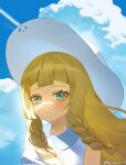  1girl arms_at_sides blonde_hair blue_sky blunt_bangs blush braid closed_mouth cloud green_eyes hat highres lillie_(pokemon) looking_at_viewer low_twin_braids naz_(hsae3838) pokemon pokemon_(anime) pokemon_the_series:_sun_&amp;_moon shirt sky sleeveless sleeveless_shirt solo standing sun_hat twin_braids twitter_username upper_body white_hat white_shirt 