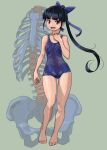  1girl :d artist_name bare_shoulders barefoot black_hair blue_bow blunt_bangs bow breasts brown_eyes collarbone contrapposto different_zoom_layer dot_nose full_body green_background hair_bow hand_on_own_neck highres how_to long_hair looking_at_viewer medium_breasts old_school_swimsuit one-piece_swimsuit open_mouth original pelvis ponytail ribs rohitsuka school_swimsuit shiny_skin signature simple_background smile solo swimsuit thighs toes x-ray zoom_layer 