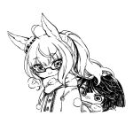  2girls aged_down ahoge animal_ears biwa_hayahide_(umamusume) blush breath chibi closed_mouth coat cold commentary_request ear_ornament greyscale hiding hiding_behind_another highres horse_ears long_hair mame_nabe_donko mittens monochrome multiple_girls narita_brian_(umamusume) nose_blush ponytail scarf semi-rimless_eyewear smile traditional_media umamusume upper_body winter_clothes 