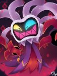  blazemizu coat commentary english_commentary evil_smile heterochromia highres mario_&amp;_luigi:_brothership mario_&amp;_luigi_rpg mario_(series) neck_ruff object_head purple_coat reclusa_(mario) signature smile solo television tentacles 