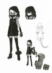  1girl black_rock_shooter demon_tail flame_print gloves high_collar highres hood hood_up hoodie huke mechanical_arms monochrome reference_sheet short_hair single_mechanical_arm strength_(black_rock_shooter) tail thighhighs 