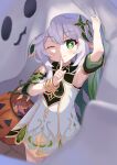  1girl absurdres ariz_se arm_up armpits bare_shoulders blush closed_mouth commentary cowboy_shot cross-shaped_pupils detached_sleeves double-parted_bangs dress english_commentary flower genshin_impact ghost_costume green_eyes green_streaks hair_flower hair_ornament halloween halloween_bucket highres holding holding_halloween_bucket index_finger_raised long_hair looking_at_viewer multicolored_hair nahida_(genshin_impact) one_eye_closed petite pointy_ears smile solo streaked_hair symbol-shaped_pupils white_dress white_hair 