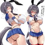  1girl absurdres animal_ears arm_under_breasts ass bare_shoulders black-framed_eyewear black_hair black_neckerchief black_panties black_tail blue_eyes blue_sailor_collar blue_skirt blush braid braided_bangs breasts commentary_request cosplay crop_top ear_covers elbow_gloves from_behind glasses gloves hair_intakes highleg highleg_panties highres horse_ears horse_girl horse_tail huge_breasts kantai_collection long_hair looking_at_viewer microskirt multiple_views navel neckerchief open_mouth panties pleated_skirt red_thighhighs sailor_collar sailor_shirt shimakaze_(kancolle) shimakaze_(kancolle)_(cosplay) shirt simple_background skindentation skirt sleeveless sleeveless_shirt smoke_klll stomach sweat tail thighhighs thong thong_panties umamusume underboob underwear white_background white_gloves white_shirt zenno_rob_roy_(umamusume) 
