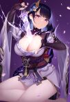  genshin_impact izulizuru japanese_clothes no_bra open_shirt raiden_(genshin_impact) sword 