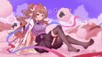  1girl ahoge animal_ears arknights black_skirt black_thighhighs blush breasts brown_hair cloud cloudy_sky coat coat_on_shoulders commentary_request dolly_(arknights) eyjafjalla_(arknights) eyjafjalla_the_hvit_aska_(arknights) feet heart highres horns lab_coat large_breasts long_hair looking_at_viewer mu_lin_di open_mouth purple_shirt purple_sky red_eyes sheep sheep_ears sheep_girl sheep_horns sheep_tail shirt sidelocks sitting skirt sky smile spoken_flower spoken_heart tail thigh_strap thighhighs thighs white_coat 