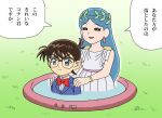  1boy 1girl blue_eyes blue_hair blue_jacket blue_suit bow bowtie brown_hair closed_eyes collared_shirt commentary_request crossover doraemon dress edogawa_conan glasses highres jacket kirei_na_gian meitantei_conan meitantei_precure! open_mouth precure red_bow red_bowtie shideboo_(shideboh) shirt short_hair sleeveless sleeveless_dress smile suit translation_request white_dress woodcutter's_spring_(doraemon) 