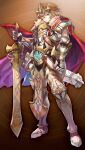  1boy armor armored_boots blue_eyes boots breastplate brown_background cape clenched_hand closed_mouth crossed_bangs fur-trimmed_armor fur_trim game_asset gauntlets grimms_notes hair_between_eyes hair_ornament hand_up holding holding_sword holding_weapon lard_(kumazakiyuta) looking_at_viewer male_focus non-web_source official_art pauldrons planted planted_sword red_cape short_hair shoulder_armor solo spiked_hair standing sword sword_king_arthur_(grimms_notes) v-shaped_eyebrows weapon white_armor 