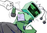  1girl 1other anger_vein arms_behind_back bound bound_arms bow bowtie breasts buttons coat commentary dandy's_world english_commentary feet_out_of_frame furrowed_brow gloves green_bow green_bowtie green_coat green_eyes grey_pants highres holding holding_microphone humanoid_robot k2s2kv lapels looking_to_the_side microphone no_nose no_pupils object_on_head pants radio_antenna roblox robot shirt simple_background sitting small_breasts solo_focus squiggle sweatdrop television traditional_bowtie turning_head vee_(dandy's_world) white_background white_gloves white_shirt 