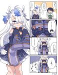  1girl 2girls animal_ears belt blue_eyes blue_hair blush breasts captain_(kemono_friends) chinese_clothes cleavage_cutout clothing_cutout commentary_request extra_ears food food_theft gyokuryu_(kemono_friends) hair_over_one_eye highres horse_ears horse_girl japari_bun japari_symbol kemono_friends kemono_friends_3 large_breasts long_hair long_sleeves metamimi multicolored_hair multiple_girls official_alternate_costume purple_belt purple_sleeves sidelocks translated white_hair 