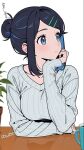  1girl aged_up black_hair blue_eyes blue_hair blush breasts closed_mouth commentary_request cowlick cup eyelashes hair_bun hair_ornament hairclip head_rest highres liko_(pokemon) long_hair long_sleeves looking_afar medium_breasts multicolored_hair pokemon pokemon_(anime) pokemon_horizons rika_illust sitting solo suit sweater table upper_body 