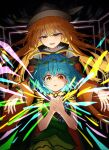  2girls antennae aqua_hair blonde_hair brown_hat commentary_request detached_sleeves dress energy eternity_larva green_dress hat highres leaf leaf_on_head long_hair long_sleeves matara_okina multicolored_dress multiple_girls open_mouth orange_eyes orange_sleeves orange_tabard smile tabard touhou twitter_username very_long_hair wide_sleeves yellow_eyes yu_cha 