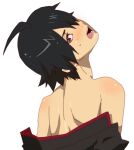  1boy ahoge araragi_koyomi back bare_shoulders black_hair black_shirt blush clamp0328 commentary_request from_behind gakuran hair_over_one_eye looking_back male_focus monogatari_(series) off_shoulder open_mouth school_uniform shirt solo upper_body white_background 
