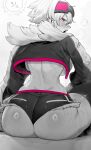  1girl absurdres ass backboob black_jacket black_shorts black_thighhighs blush breasts from_behind fur-trimmed_jacket fur_trim goggles goggles_on_head gradient_background grey_background greyscale highres hot jacket large_breasts looking_at_viewer midriff monochrome niwamaru_(niwarhythm) niwarhythm open_mouth original red_eyes short_hair shorts sitting solo speech_bubble sweat thighhighs 