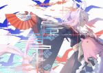  1girl bird black_hair cho_kaguya-hime! closed_eyes closed_mouth commentary_request hair_rings hand_fan highres holding holding_fan long_hair runami_yachiyo sasa_fune seigaiha shide silhouette solo twintails 