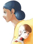  1girl absurdres amuro_ray aobito_sukoyaka_bystander asian_indian_clothes bindi black_hair blush brown_eyes brown_hair collar collared_jacket commentary_request cropped_torso dark-skinned_female dark_skin desi dress earth_federation from_side frown green_eyes gundam hair_bun highres jacket lalah_sune long_sleeves military_uniform mobile_suit_gundam orange_collar orange_trim profile red_lips yellow_dress 