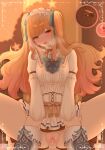  1boy 1girl absurdres akiyama_mizuki blonde_hair blush border bow bowtie breasts brown_ribbon cake center_frills chocolate_cake commentary dot_nose english_commentary food frills green_bow green_bowtie green_ribbon hair_ribbon heart heart_in_eye hetero highres himitsu_no_valentine_daisakusen!_(project_sekai) holding_another's_wrists inset_border kaitou_shinshi_no_harahara!?_white_day_(project_sekai) long_hair long_sleeves looking_at_viewer medium_breasts neck_ribbon official_alternate_costume official_alternate_hairstyle open_mouth ornate_border out_of_frame penis pink_eyes project_sekai puffy_long_sleeves puffy_sleeves pussy raised_inner_eyebrows ribbon sex shirt sidelocks sincerelyasmos smile solo_focus spread_legs symbol_in_eye tenma_saki twintails vaginal very_long_hair white_shirt 