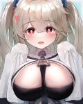  1girl absurdres anchorage_(azur_lane) azur_lane bangs bare_shoulders blush breasts cleavage commentary_request crossed_bangs eyebrows_visible_through_hair hair_between_eyes heart highres huge_filesize large_breasts light_brown_hair long_hair looking_at_viewer open_mouth purple_eyes smile solo twintails uguhei upper_body very_long_hair 