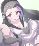  1boy 1girl black_hair blush breasts captain_(kemono_friends) cleavage giant_penguin_(kemono_friends) gloves headphones highres hood hoodie kemono_friends kemono_friends_3 large_breasts long_hair lowlandgorilla multicolored_hair penguin_girl red_eyes shirt simple_background skirt sleeveless sleeveless_shirt streaked_hair 