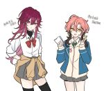  2girls bike_shorts bike_shorts_under_skirt black_thighhighs blazer blue_jacket bow bowtie brown_cardigan brown_hair cardigan chinese_text closed_mouth clothes_around_waist earrings ensemble_stars! genderswap genderswap_(mtf) green_bow green_bowtie green_ribbon grey_skirt hair_between_eyes hair_ribbon hand_on_own_hip holding holding_paper holding_pen hood hooded_cardigan hooded_jacket jacket jacket_under_jacket jewelry kuon_mashu layered_sleeves light_frown long_hair long_sleeves looking_at_viewer low_twintails madoka_nozomi multicolored_hair multiple_girls open_mouth paper pen pink_hair ponytail purple_eyes purple_hair red_bow red_bowtie ribbon school_uniform shirt simple_background skirt skirt_peek sleeves_rolled_up smile thighhighs translation_request turtleneck twintails two-tone_hair undershirt white_background white_shirt yellow_eyes yellow_jacket yuzu_1122z 