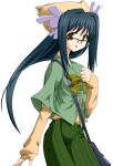  1girl 2000s_(style) :d animal_hat bag blue_hair bow bowtie brown_eyes capelet cat_hat cowboy_shot game_asset glasses green_skirt handbag hat large_variant_set long_hair long_sleeves looking_at_viewer mahou_senshi_(series) mahou_senshi_elixir_knights non-web_source official_art ogino_yui open_mouth over-rim_eyewear pleated_skirt saitou_natsuki school_uniform self-datamine semi-rimless_eyewear shoulder_bag simple_background skirt smile solo tachi-e transparent_background variant_set 