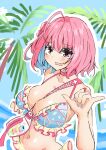  1girl absurdres ahoge bag bare_shoulders between_breasts bikini blue_bikini blue_hair blue_nails blue_sky blush breasts cellphone choker cleavage collarbone colored_inner_hair commentary day fangs fanny_pack fingernails flower frilled_bikini frills hair_flower hair_ornament hibiscus highres idolmaster idolmaster_cinderella_girls idolmaster_cinderella_girls_starlight_stage large_breasts looking_at_viewer medium_hair multicolored_hair nail_polish navel ocean open_mouth palm_tree phone pink_choker pink_eyes pink_flower pink_hair sky smartphone solo stomach strap_between_breasts swimsuit teru_magireko tree triangle_print two-tone_hair yumemi_riamu 