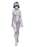  1girl bandaged_arm bandaged_chest bandaged_head bandaged_leg bandages black_hair breasts colored_skin commentary_request full_body highres keisuke309 mummy naked_bandage nipples original purple_skin red_eyes short_hair simple_background solo white_background 