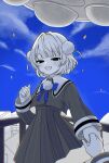  1girl 1other black_jacket black_skirt blue_bow blue_bowtie bow bowtie commentary_request cropped_jacket hand_up highres isei_ni_ikou_ne_(cevio) jacket looking_at_viewer medium_hair motimotiomoti723 open_mouth pov pov_hands skirt sky smile two_side_up ui_(voisona) voisona white_hair 
