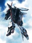  absurdres aeug blue_sky cloud cloudy_sky commentary_request daue from_behind full_body gundam highres holding holding_shield mecha mecha_focus mobile_suit no_humans robot science_fiction shield sky solo vernier_thrusters zeta_gundam zeta_gundam_(mobile_suit) zeta_gundam_define 