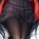  1girl alternate_costume azur_lane bed_sheet black_hair black_legwear black_skirt chinese_commentary cropped dakimakura_(medium) from_above jacket long_hair lower_body lying maskwolf miniskirt on_back open_clothes open_jacket pantyhose pleated_skirt red_jacket sample school_uniform skirt solo taihou_(azur_lane) 