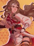  1girl absurdres arm_guards armor artist_name brown_eyes brown_hair caffeekat fire_emblem fire_emblem_fates fire_emblem_heroes floating_hair hana_(fire_emblem) hana_(resplendent)_(fire_emblem) headband highres katana long_hair looking_to_the_side official_alternate_costume pelvic_curtain sheath solo sword thigh_strap thighhighs unsheathing waist_cape weapon white_headband yellow_background 