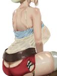  1girl absurdres aoki_hiro ass atelier_(series) atelier_ryza bare_shoulders beret breasts brown_hair butt_crack eyes_out_of_frame from_side hat head_out_of_frame highres jewelry large_breasts leather_belt necklace red_shorts reisalin_stout see-through_silhouette shirt short_hair short_shorts shorts simple_background sleeveless sleeveless_shirt solo spaghetti_strap sweat thick_thighs thighhighs thighs very_sweaty wet wet_clothes wet_shirt white_background 