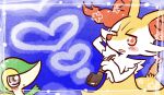 2022 ambiguous_anthro ambiguous_gender annyui0611 anthro biped blush border braixen canid digital_drawing_(artwork) digital_media_(artwork) duo food generation_5_pokemon generation_6_pokemon half-length_portrait heart_symbol hi_res holding_object japanese_description looking_at_viewer mammal nintendo object_in_tail open_mouth pokemon pokemon_(species) portrait shrimp_(food) simple_background smoking_pipe snivy snout standing tail tobacco translated_description 