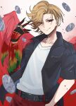  1boy ankh_(ooo) belt belt_buckle black_belt braid breast_pocket brown_hair buckle cell_medal closed_mouth collared_shirt commentary curtained_hair eyes_visible_through_hair fingernails gauntlets glint hand_up highres jewelry kamen_rider kamen_rider_ooo_(series) kona_(batubunnni) long_fingernails looking_at_viewer male_focus pocket red_eyes ring sharp_fingernails shirt short_hair short_sleeves single_gauntlet solo upper_body white_shirt wings zipper_pull_tab 
