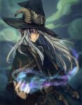  1boy black_capelet black_headwear blue_eyes capelet closed_mouth grey_hair hair_between_eyes hat horns horns_through_headwear long_hair magic male_focus master_of_epic moekemari pointy_ears sketch smoke solo stitches wizard wizard_hat 