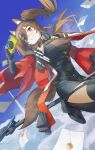  1girl above_clouds angelina_(arknights) animal_ear_fluff animal_ears arknights arknights:_endfield black_dress black_gloves black_thighhighs blue_sky bracelet breasts brown_hair camera cloud coat commentary day diamond-shaped_pupils diamond_(shape) dot_nose double-parted_bangs dress dutch_angle elbow_gloves floating floating_hair floating_paper fox_ears fox_girl fox_tail gilberta_(arknights) gloves grey_dress grin hair_between_eyes headpiece high_collar high_up highres holding holding_camera impossible_clothes impossible_dress infection_monitor_(arknights) jewelry letter long_hair long_sleeves medium_breasts open_clothes open_coat orange_eyes outdoors red_coat short_dress sky smile solo staff_riding symbol-shaped_pupils tail thighhighs twintails wax_seal zaq_(zaqsta) 
