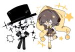  2girls artful_(die_of_death) banana_peel_(die_of_death) black_bow black_bowtie black_hat black_pantyhose black_skirt black_vest bow bowtie clown_nose die_of_death enos20091019 full_body genderswap genderswap_(mtf) hat highres holding holding_wand jester_cap laughing long_sleeves low_twintails magician multiple_girls pantyhose roblox simple_background skirt traditional_bowtie twintails vest wand white_background white_hair yellow_hat 