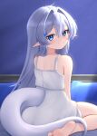  1boy absurdres bare_arms bare_legs bare_shoulders barefoot basher blue_bow blue_eyes boros_(ouro_kronii) bow commentary crossdressing crossdressing_(mtf) dress english_commentary feet from_behind grey_hair hair_between_eyes hair_bow hair_intakes highres hololive hololive_english light_blush long_hair looking_at_viewer looking_back personification pointy_ears sitting sleeveless sleeveless_dress smile snake_tail soles solo tail tail_through_clothes toes trap virtual_youtuber wariza white_dress 
